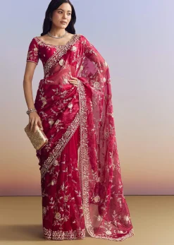Hot Pink Satin Saree With Floral Embroidery In Sequins And Cutdana