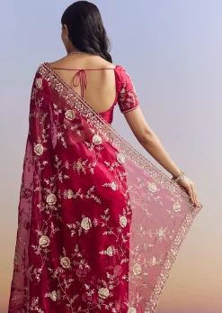Hot Pink Satin Saree With Floral Embroidery In Sequins And Cutdana