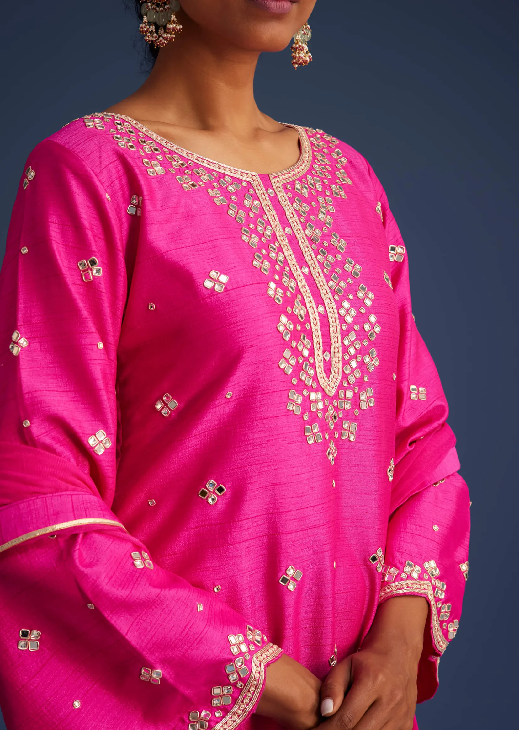 Hot Pink Silk Embroidered Kurta Dhoti Set