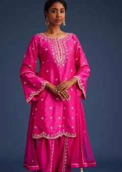Hot Pink Silk Embroidered Kurta Dhoti Set