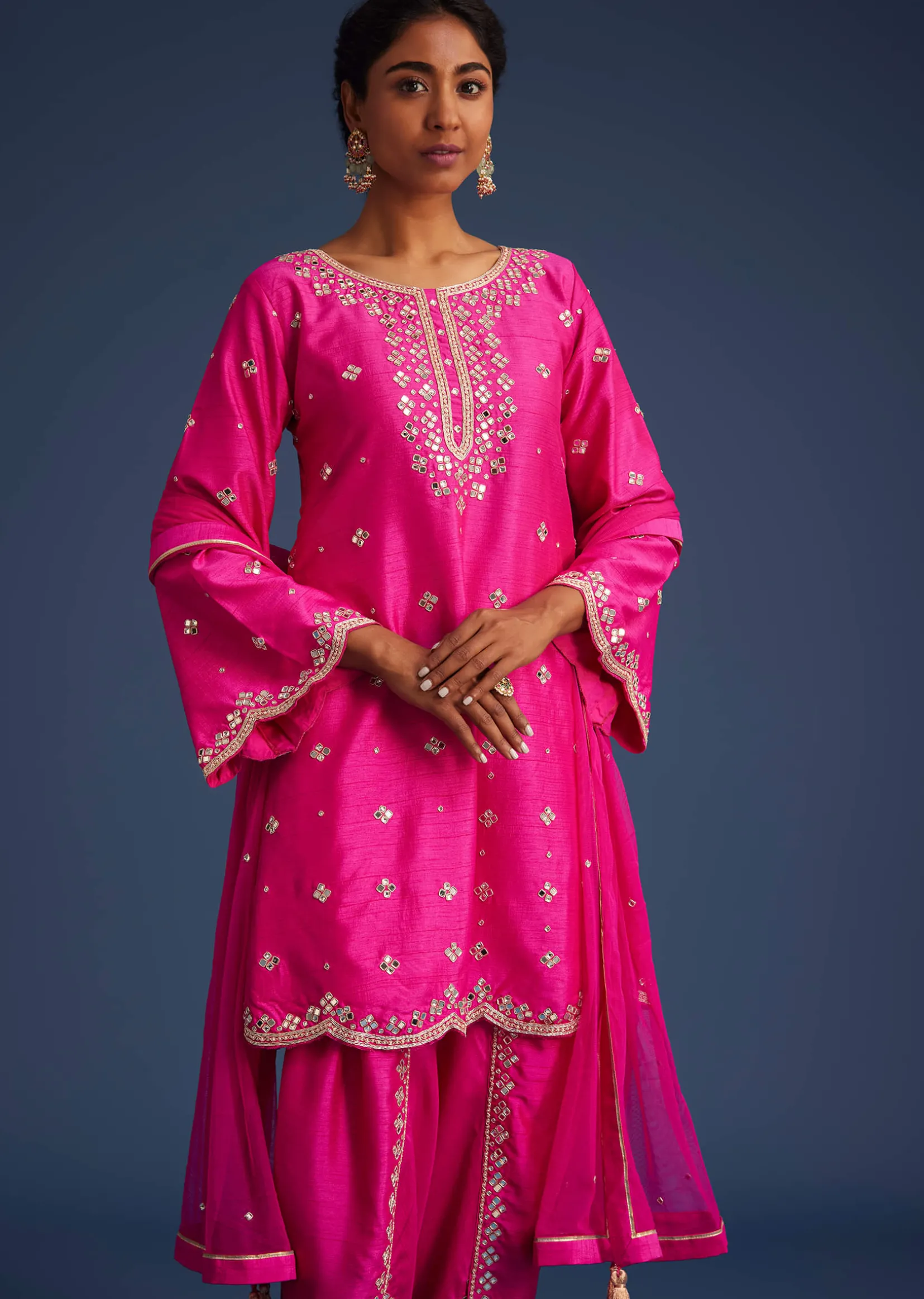 Hot Pink Silk Embroidered Kurta Dhoti Set