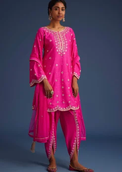 Hot Pink Silk Embroidered Kurta Dhoti Set