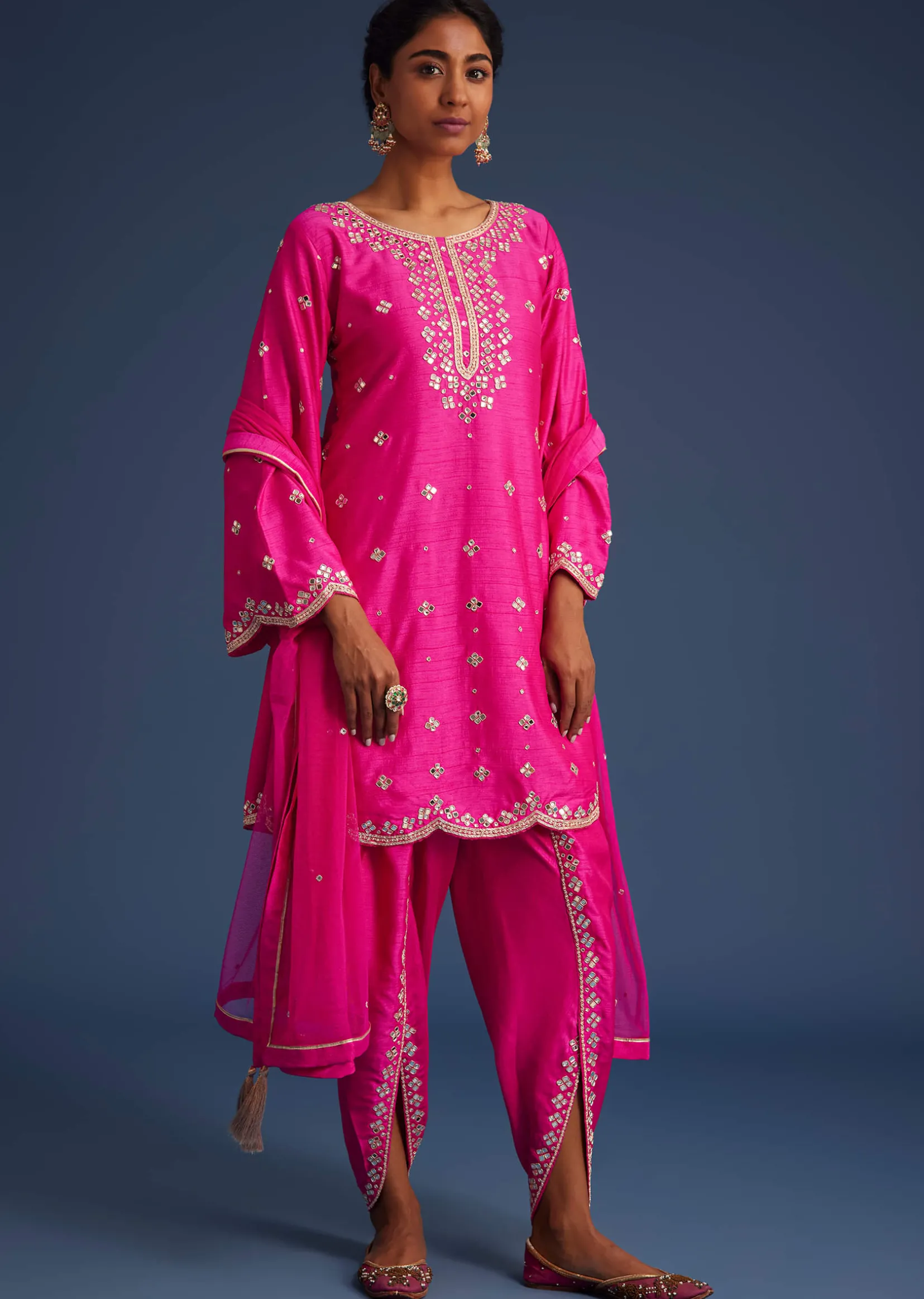 Hot Pink Silk Embroidered Kurta Dhoti Set