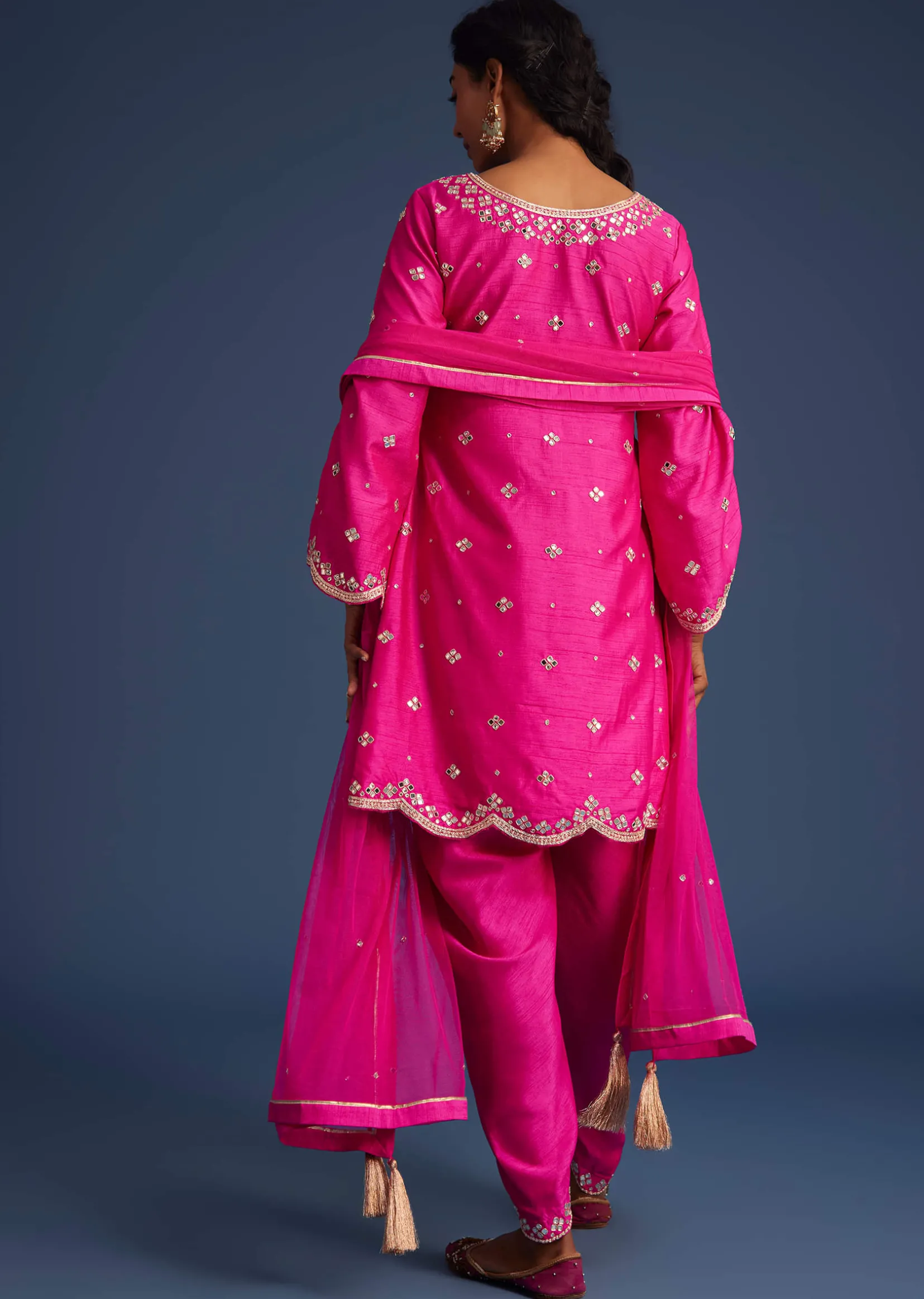 Hot Pink Silk Embroidered Kurta Dhoti Set