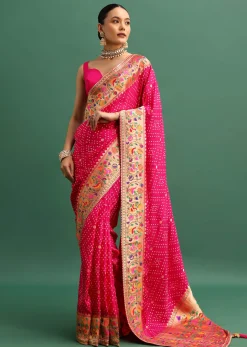 Hot Pink Woven Bandhani Silk Saree With Paithani Border Pallu And Unstitched Blouse