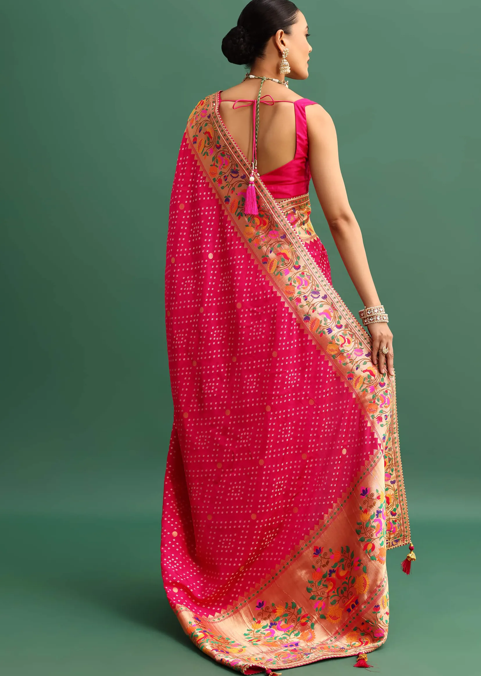 Hot Pink Woven Bandhani Silk Saree With Paithani Border Pallu And Unstitched Blouse