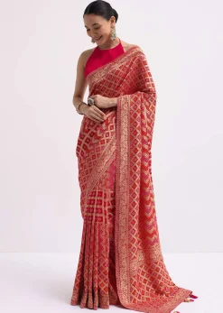 Hot Pink Woven Khadi Georgette Saree With Unstitched Blouse