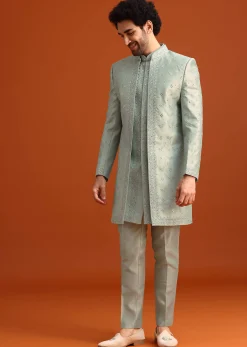 Ice Blue Cotton Silk Embroidered Sherwani Set
