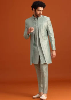 Ice Blue Cotton Silk Embroidered Sherwani Set