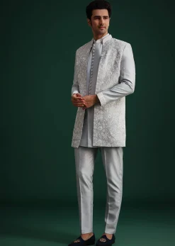 Ice Blue Cotton Silk Hand Work Sherwani Kurta Set