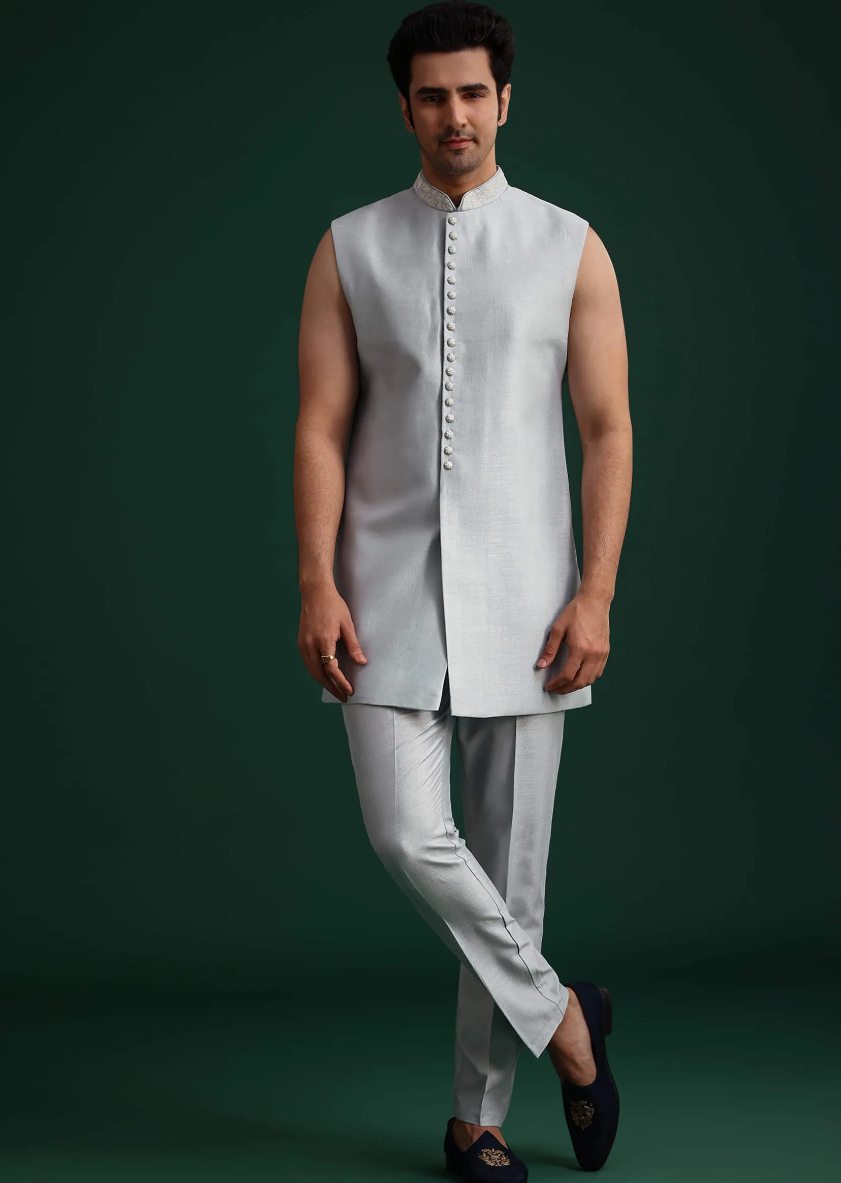 Ice Blue Cotton Silk Hand Work Sherwani Kurta Set