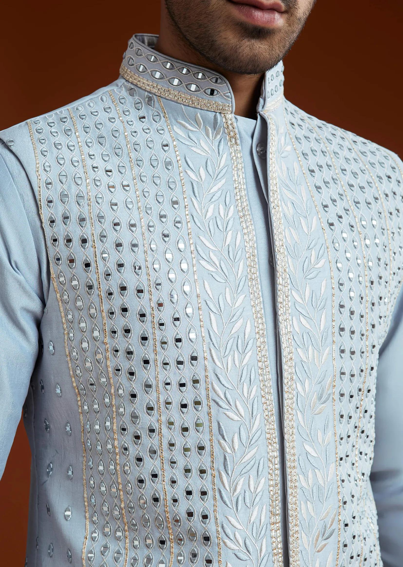 Ice Blue Cotton Silk Kurta Jacket Set With Vine Motif Threadwork