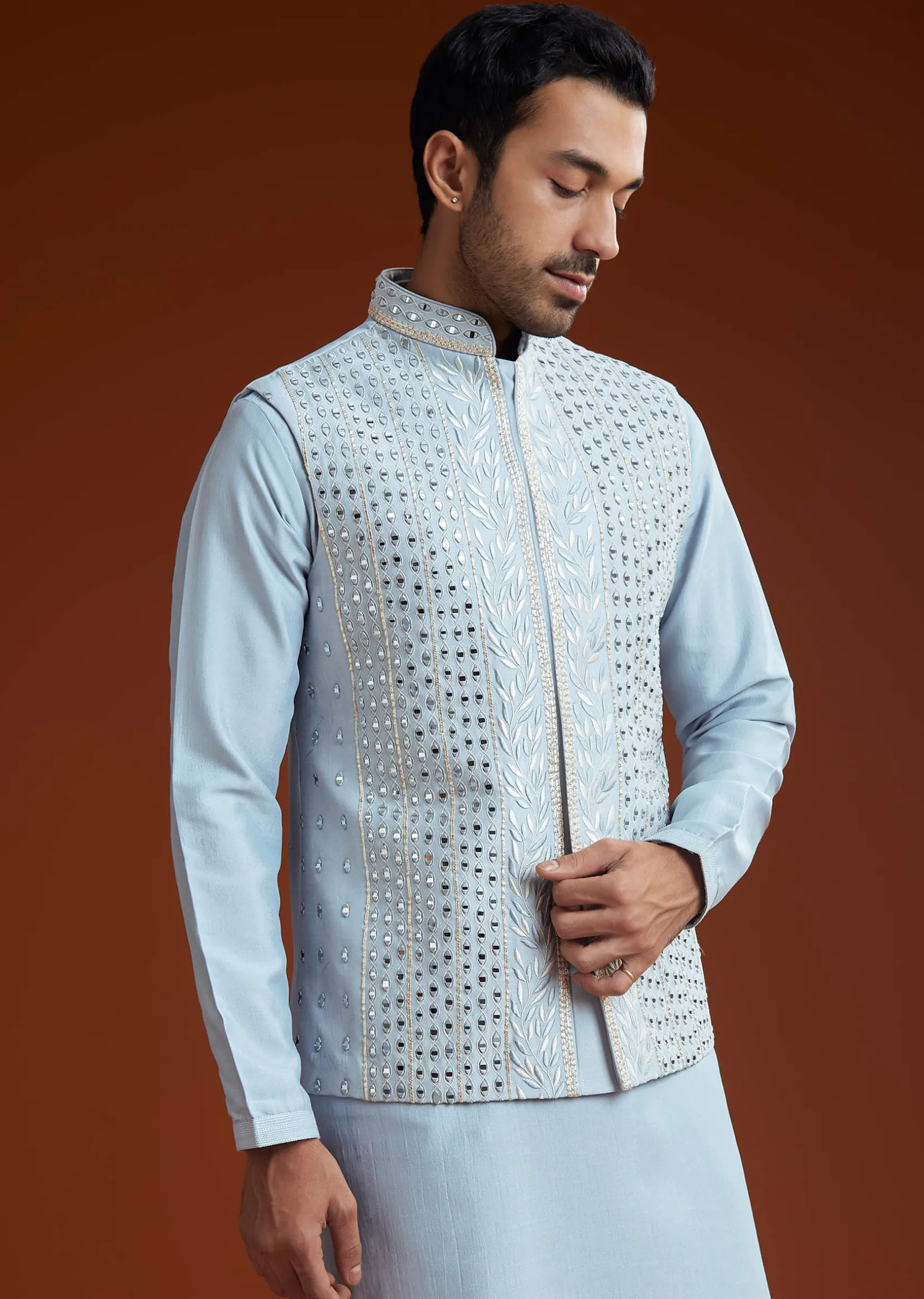 Ice Blue Cotton Silk Kurta Jacket Set With Vine Motif Threadwork