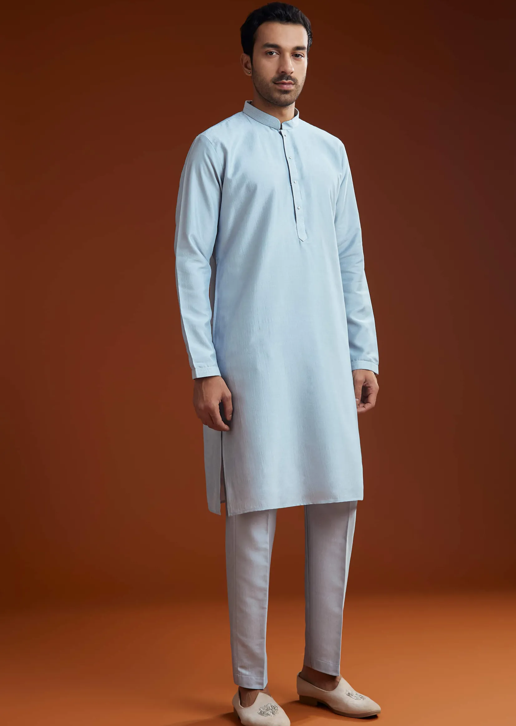 Ice Blue Cotton Silk Kurta Jacket Set With Vine Motif Threadwork