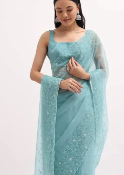 Ice Blue Embroidered Organza Saree With Unstitched Blouse