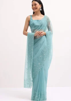 Ice Blue Embroidered Organza Saree With Unstitched Blouse