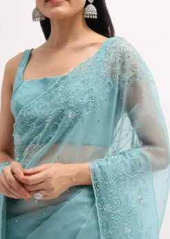 Ice Blue Embroidered Organza Saree With Unstitched Blouse