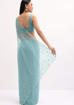 Ice Blue Embroidered Organza Saree With Unstitched Blouse