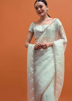 Ice Blue Embroidered Saree With Unstitched Blouse