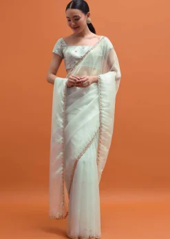 Ice Blue Embroidered Saree With Unstitched Blouse