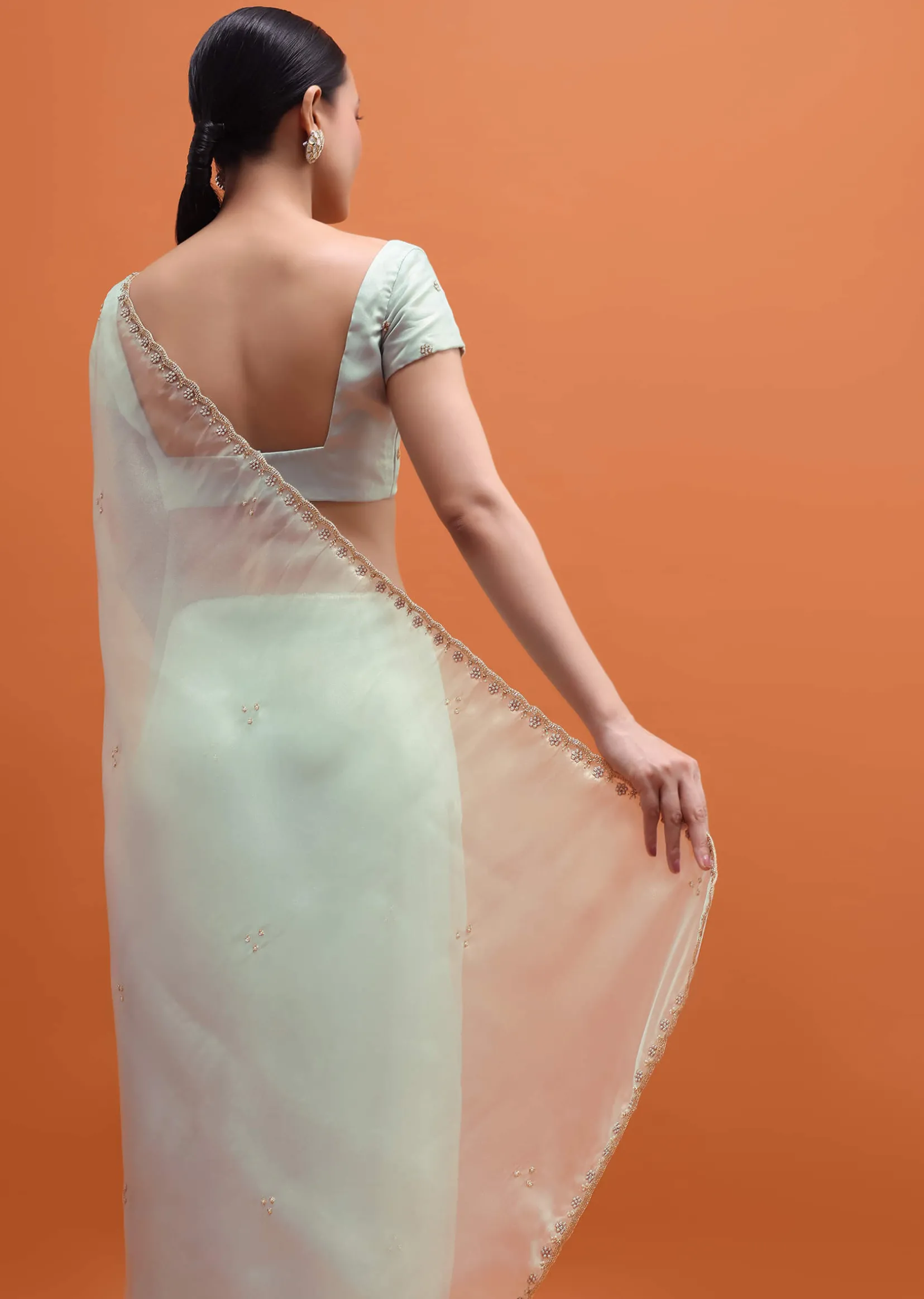 Ice Blue Embroidered Saree With Unstitched Blouse