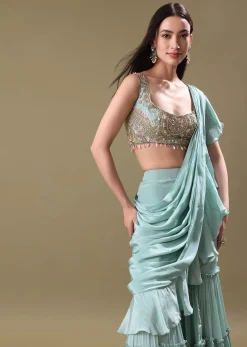 Ice Blue Frill Saree With Embroidered Blouse