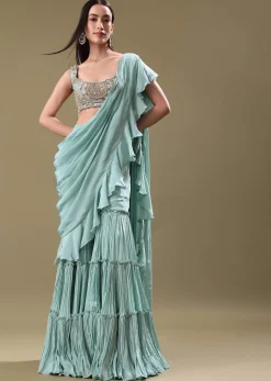 Ice Blue Frill Saree With Embroidered Blouse
