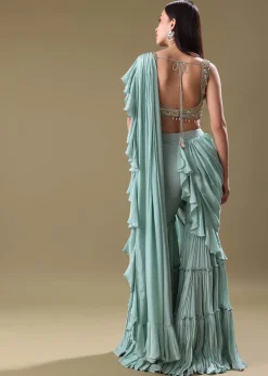 Ice Blue Frill Saree With Embroidered Blouse