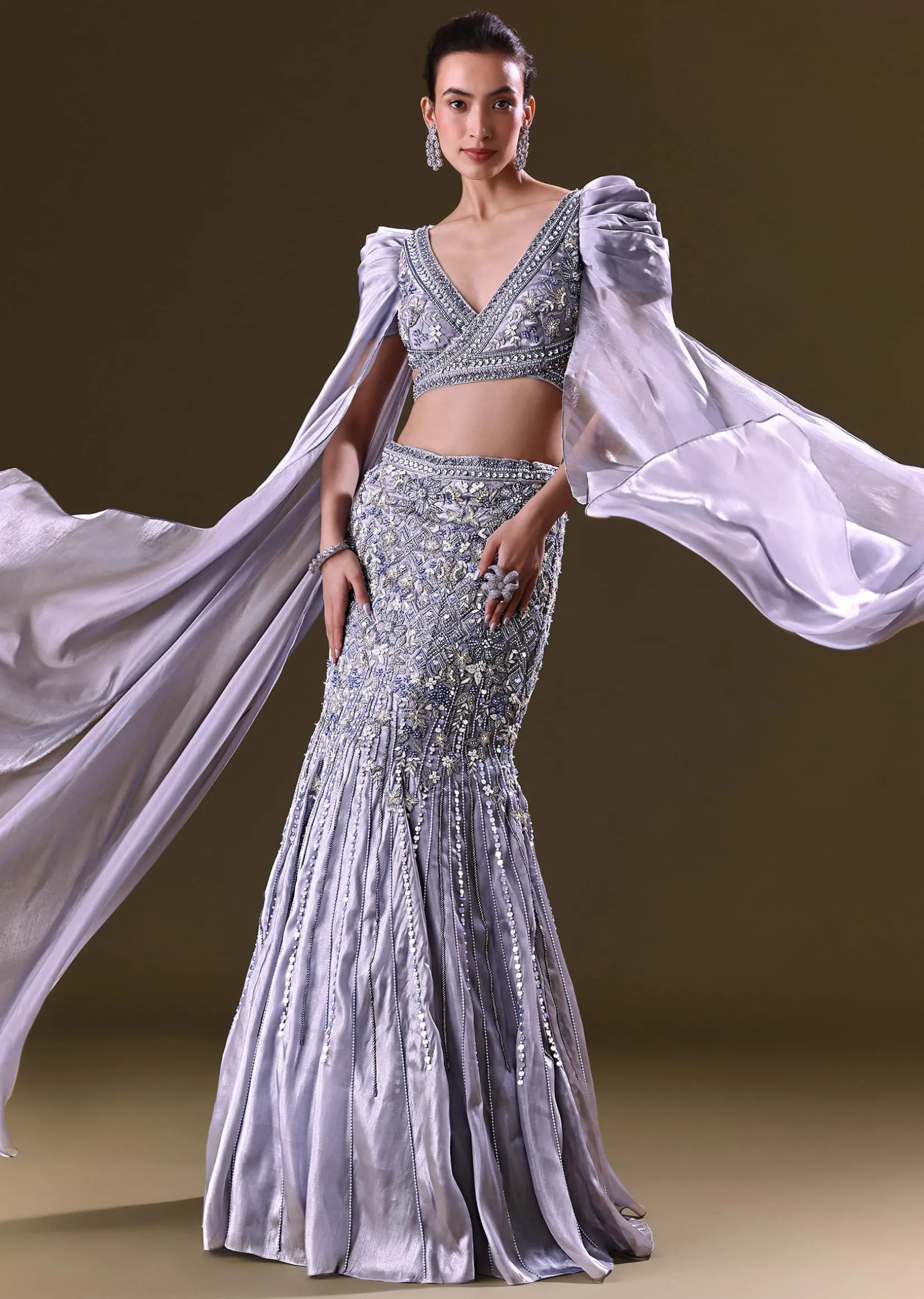 Ice Blue Mermaid Lehenga And Blouse With Long Wing Sleeves