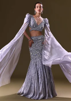 Ice Blue Mermaid Lehenga And Blouse With Long Wing Sleeves