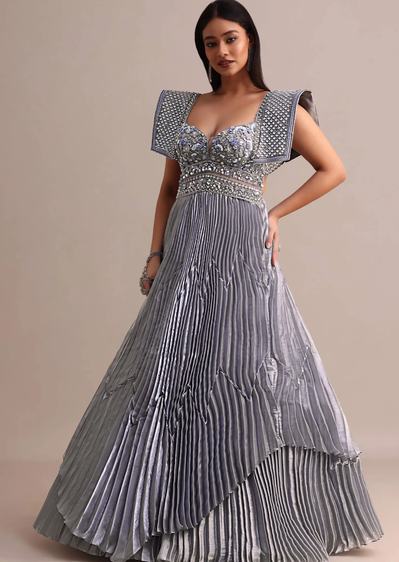 Ice Blue Organza Double Layered Circular Pleated Gown With Fancy Sleeves