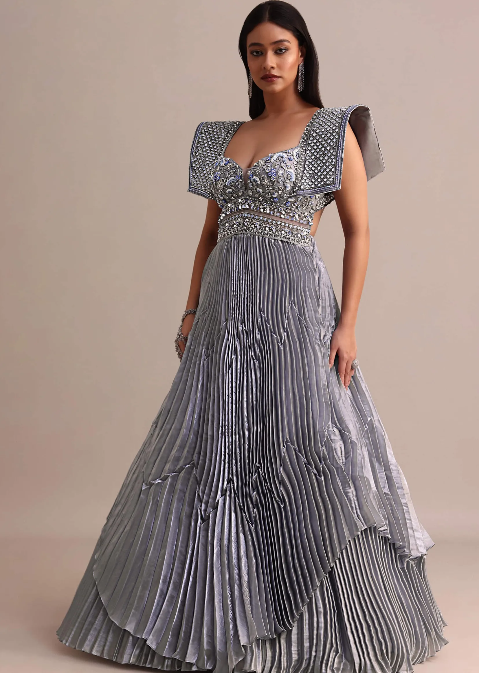 Ice Blue Organza Double Layered Circular Pleated Gown With Fancy Sleeves