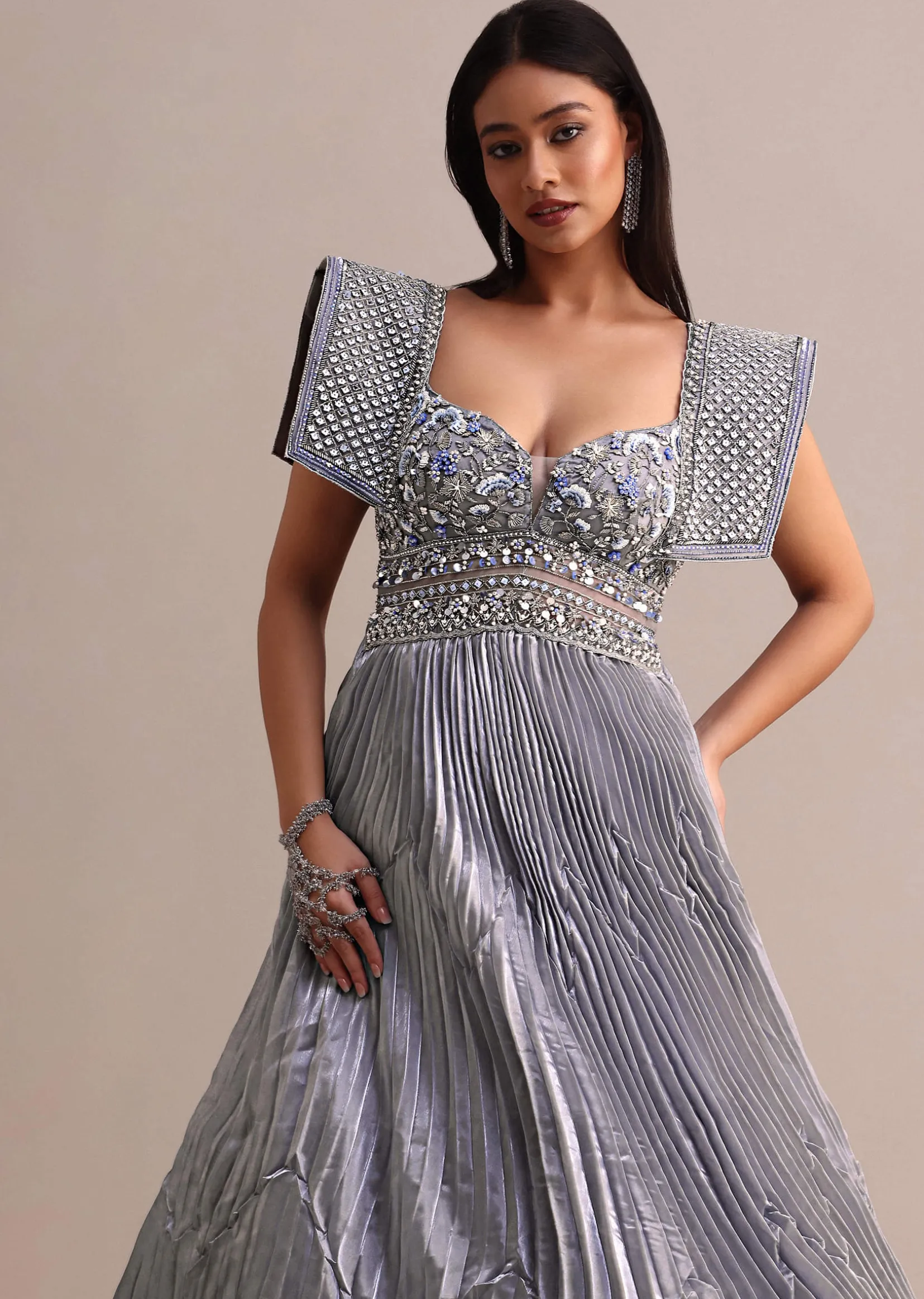 Ice Blue Organza Double Layered Circular Pleated Gown With Fancy Sleeves