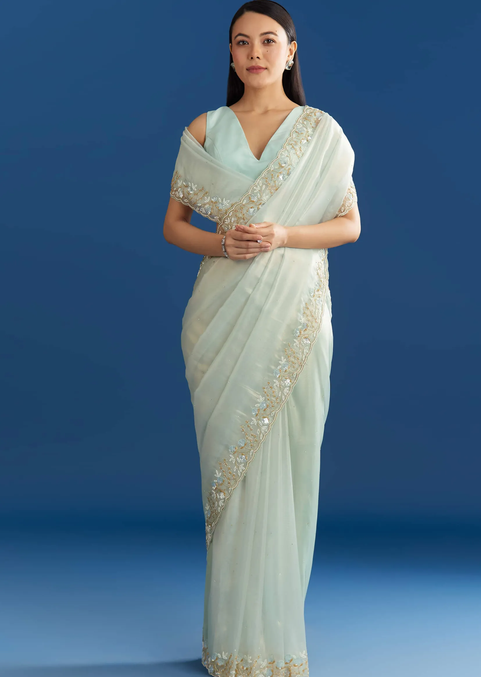 Ice Blue Organza Tissue Saree With Beaded Scallop Border