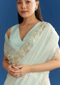 Ice Blue Organza Tissue Saree With Beaded Scallop Border