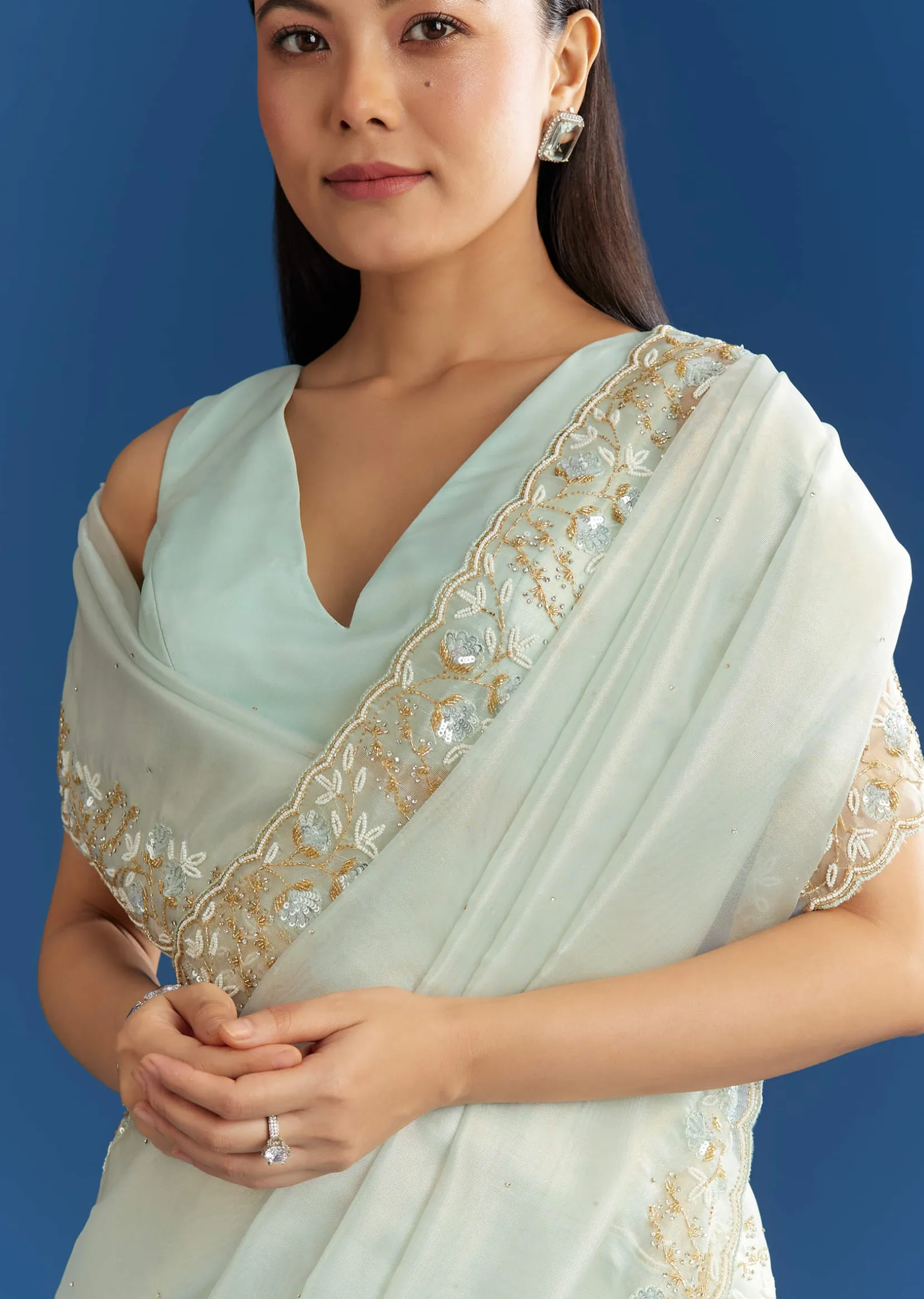 Ice Blue Organza Tissue Saree With Beaded Scallop Border