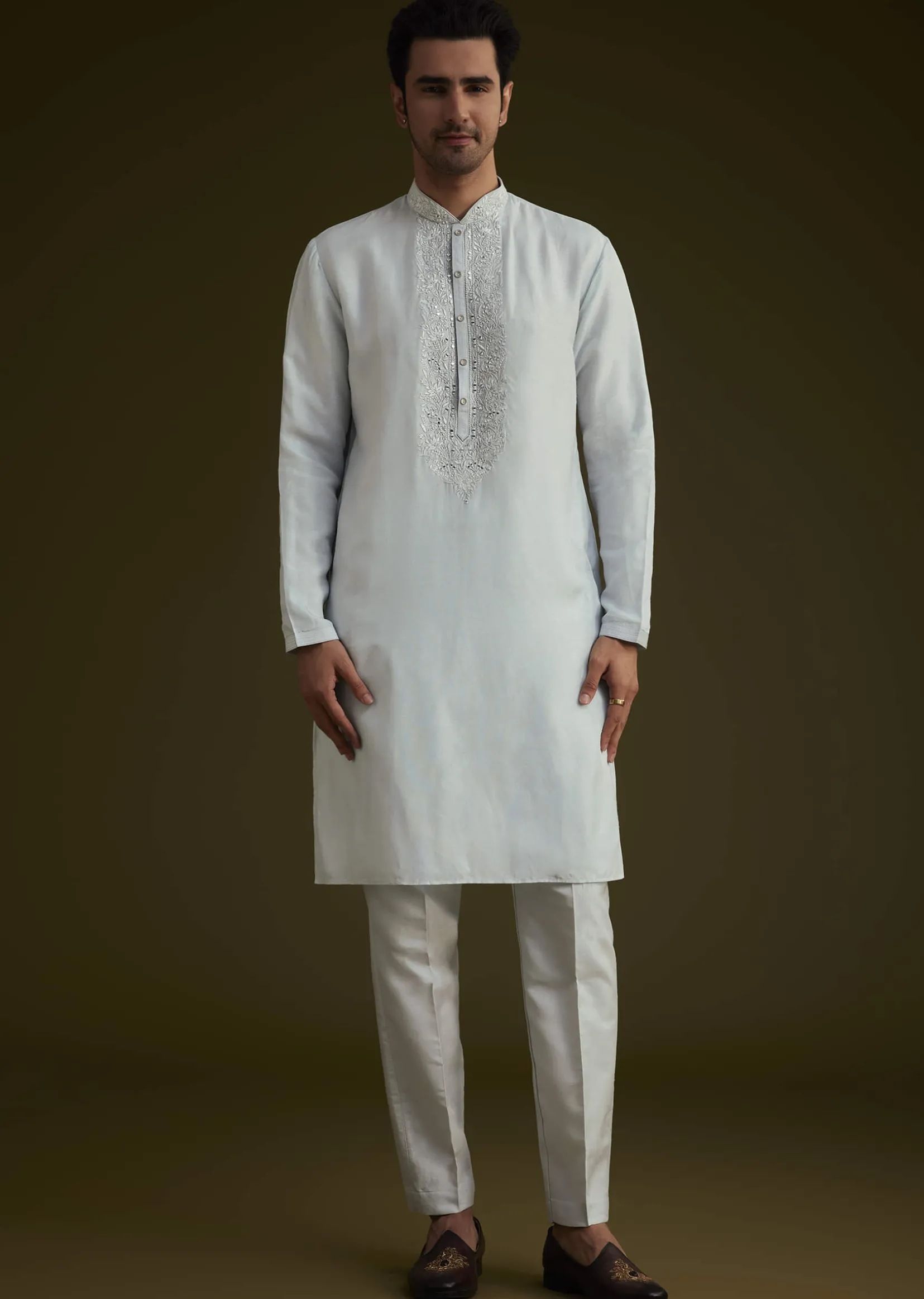 Ice Blue Silk Sherwani Set With Floral Resham And Mirror Work