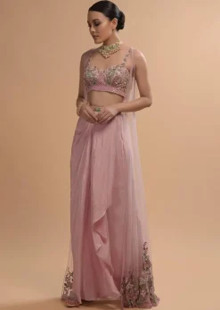 Icy Pink Draped Skirt And Crop Top Set With Long Jacket And 3D Flower Embroidery