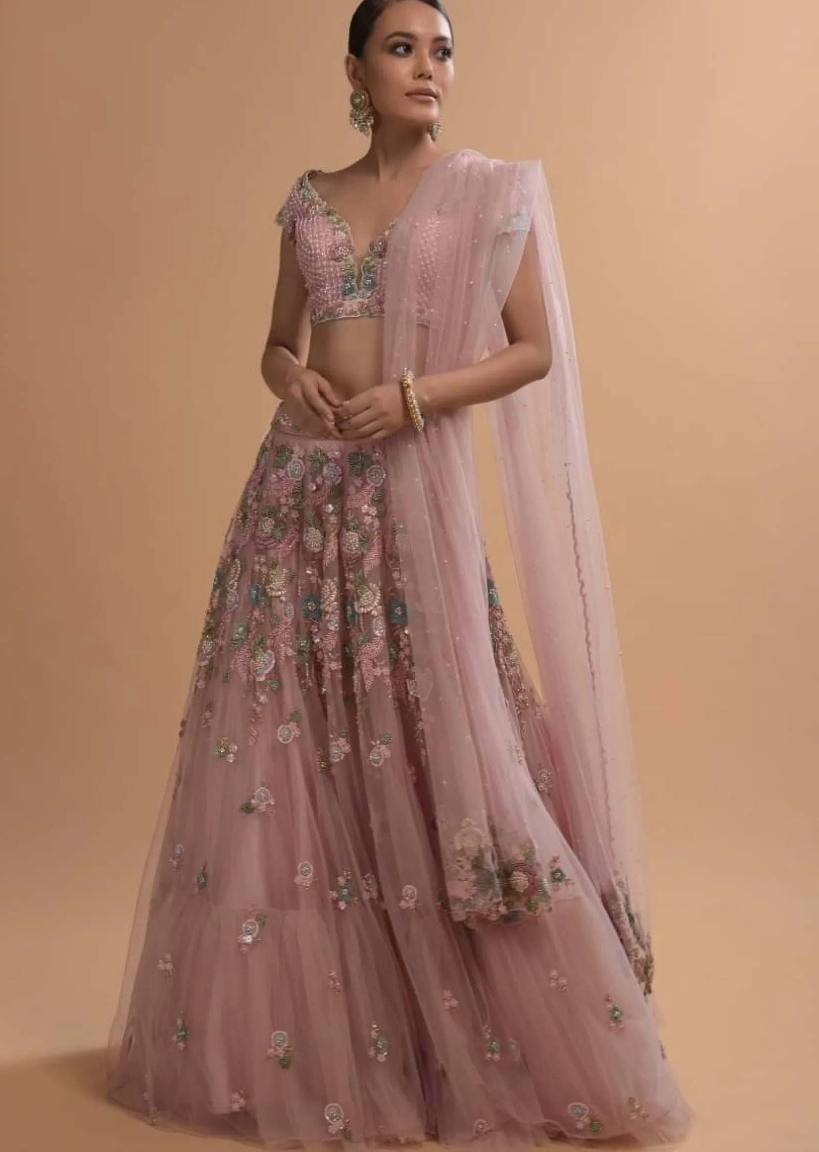 Icy Pink Net Lehenga And Cap Sleeves Crop Top With 3D Flower Cluster And Scattered Buttis