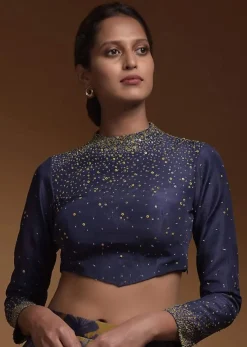 Indigo Crop Top In Silk Blend With Sequins And Beads Work In Gradient Pattern And Full Sleeves