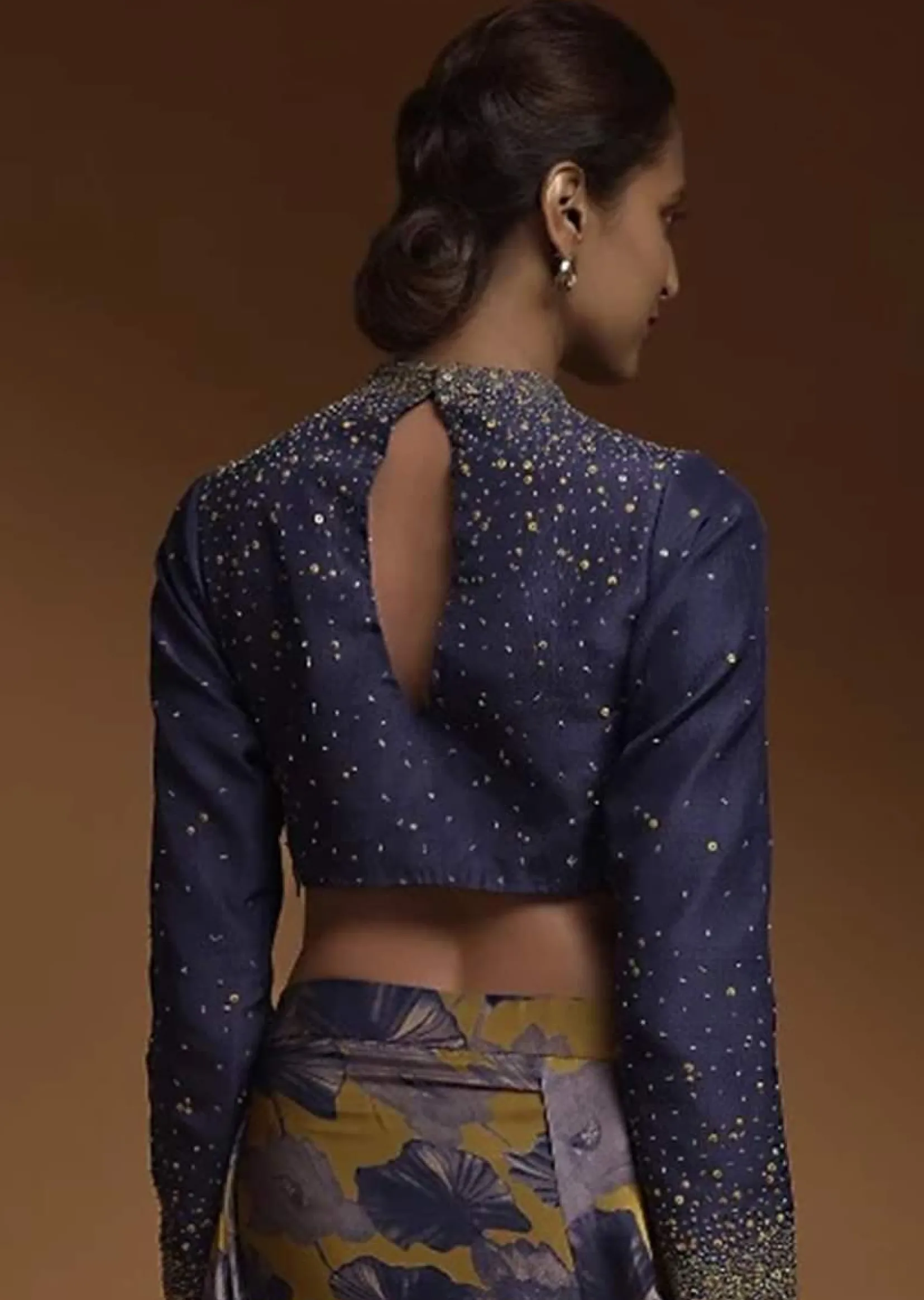 Indigo Crop Top In Silk Blend With Sequins And Beads Work In Gradient Pattern And Full Sleeves