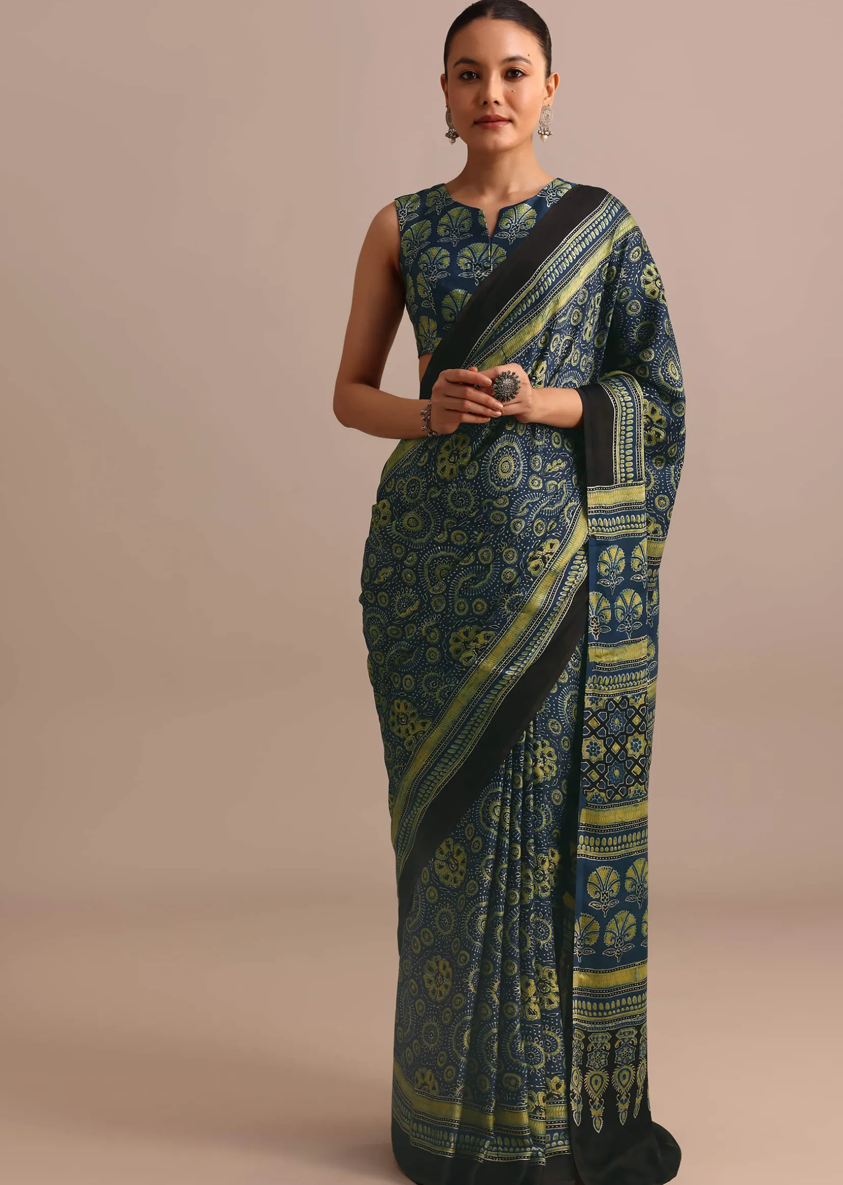 Indigo Modal Satin Saree In Ajrakh HandBlock Print