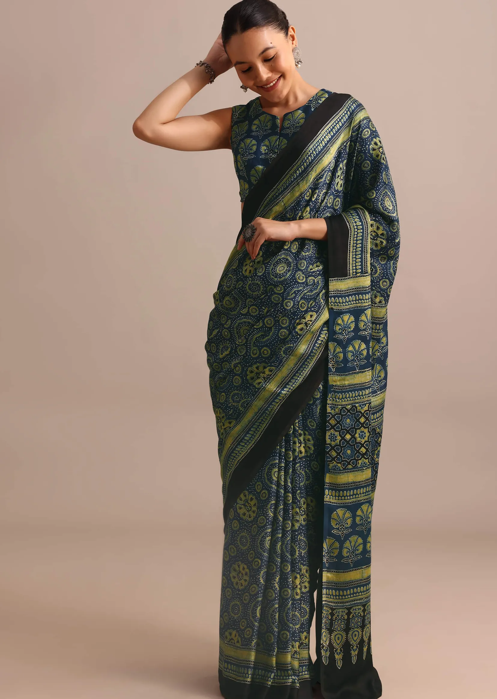 Indigo Modal Satin Saree In Ajrakh HandBlock Print