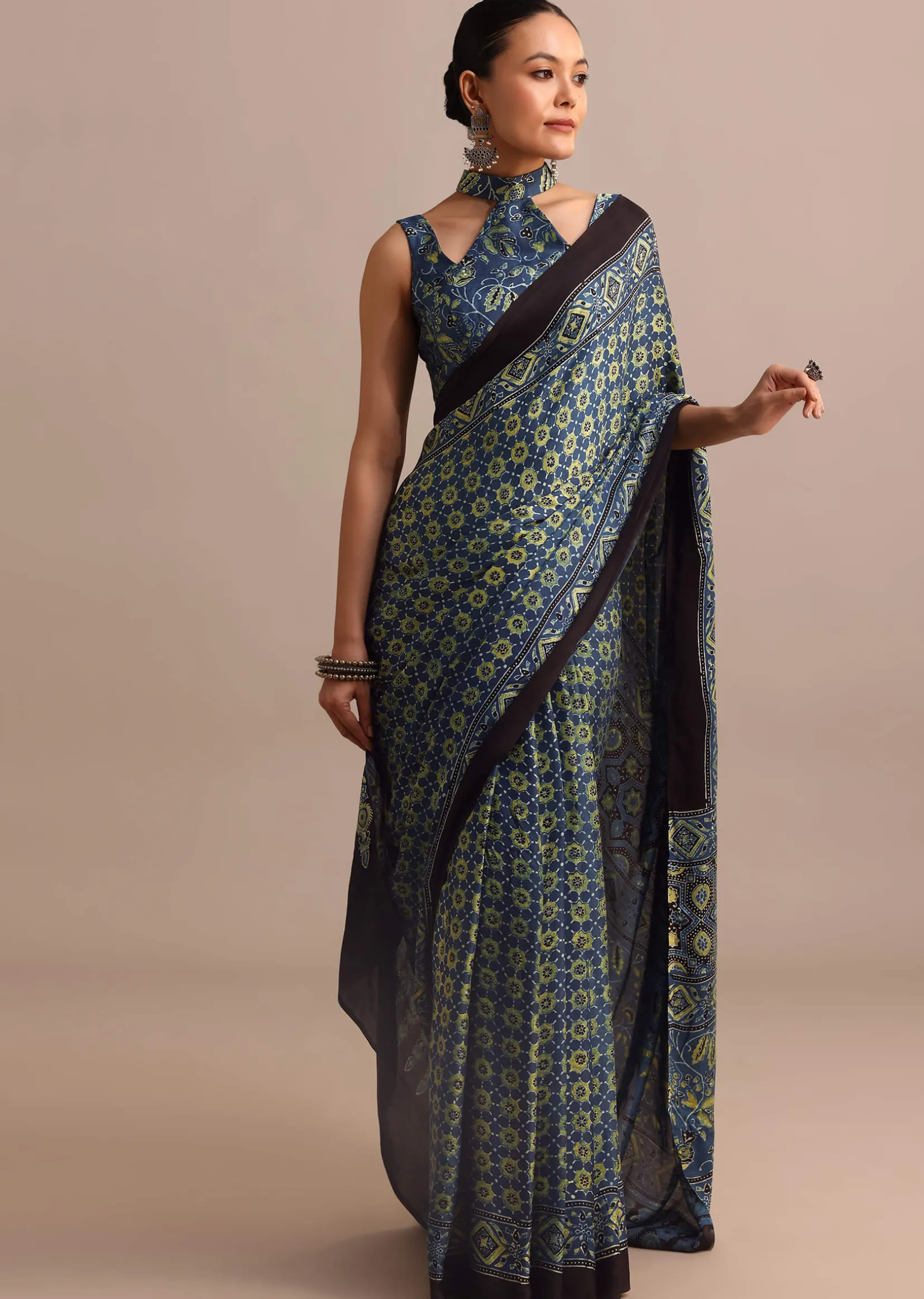 Indigo Satin Modal Ajrakh Handblock Printed Saree