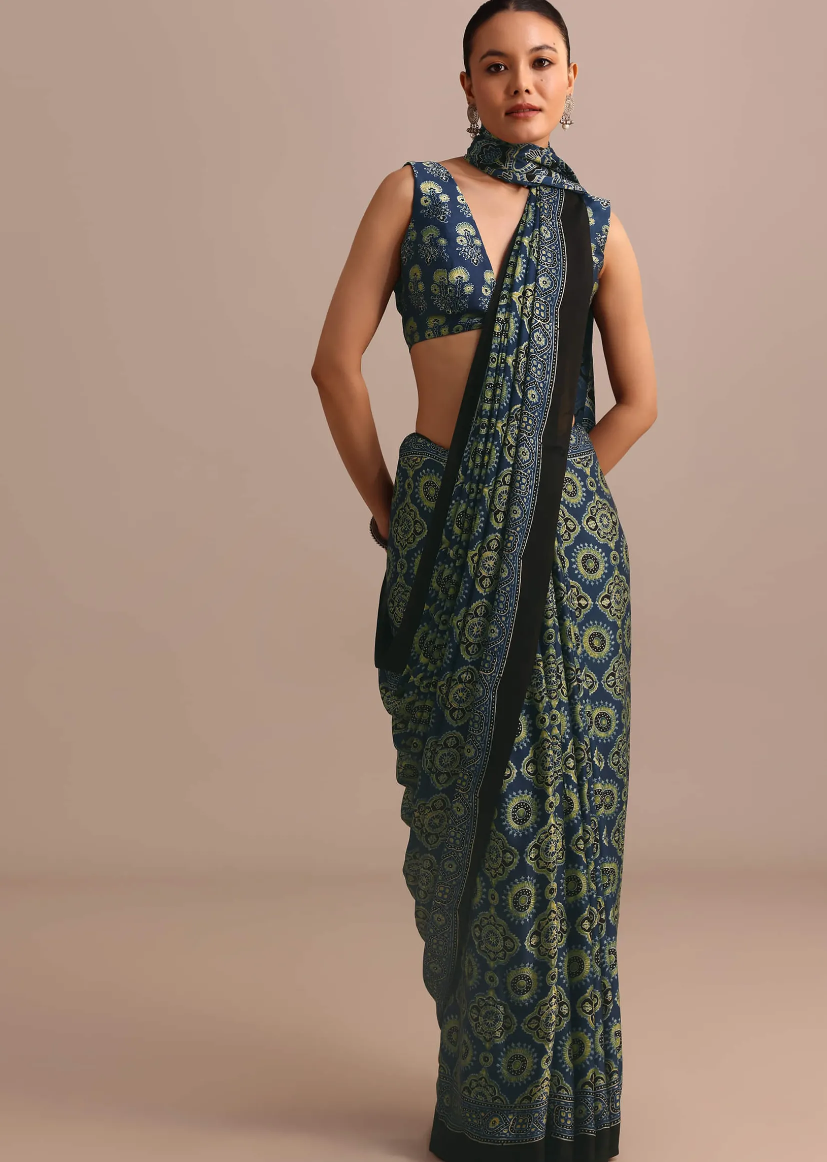Indigo Satin Modal Handblock Printed Ajrakh Saree