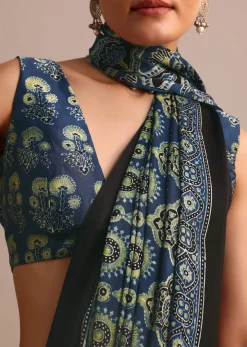Indigo Satin Modal Handblock Printed Ajrakh Saree