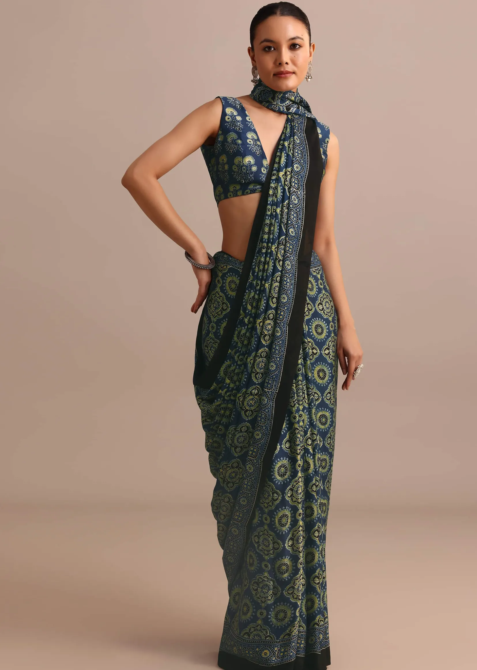 Indigo Satin Modal Handblock Printed Ajrakh Saree