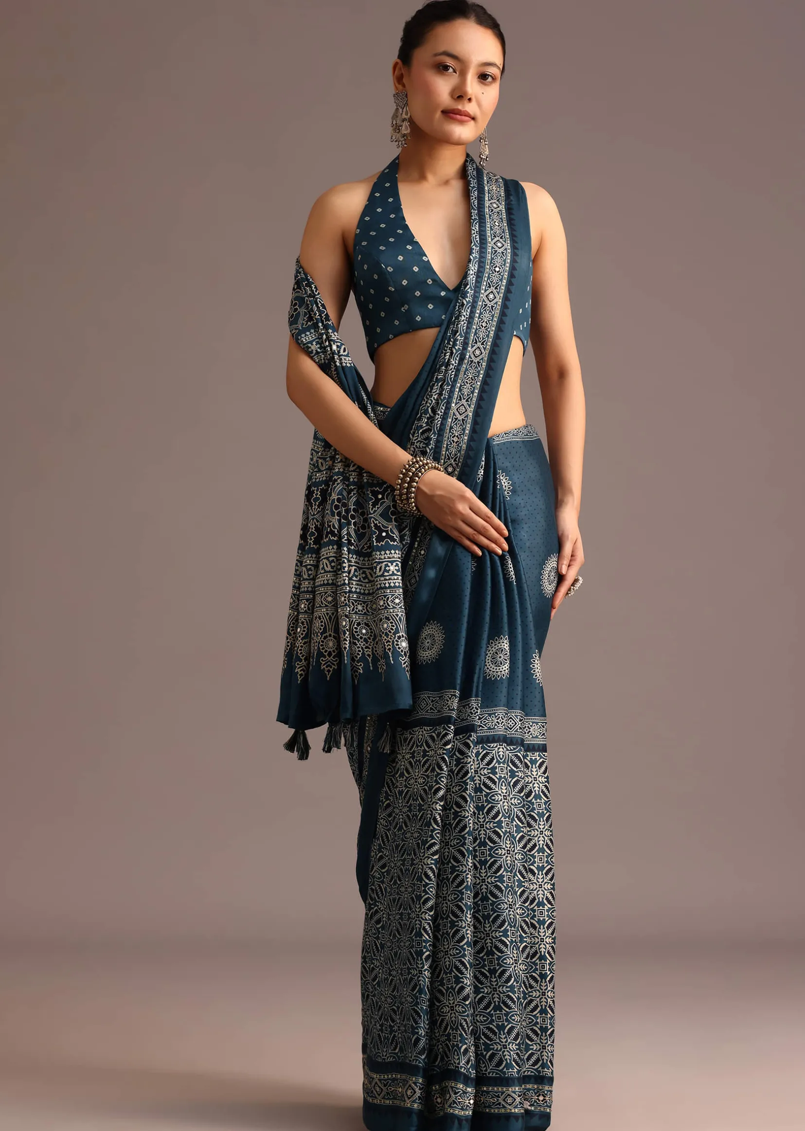 Indigo Satin Saree With Ajrakh Print And Unstitched Blouse