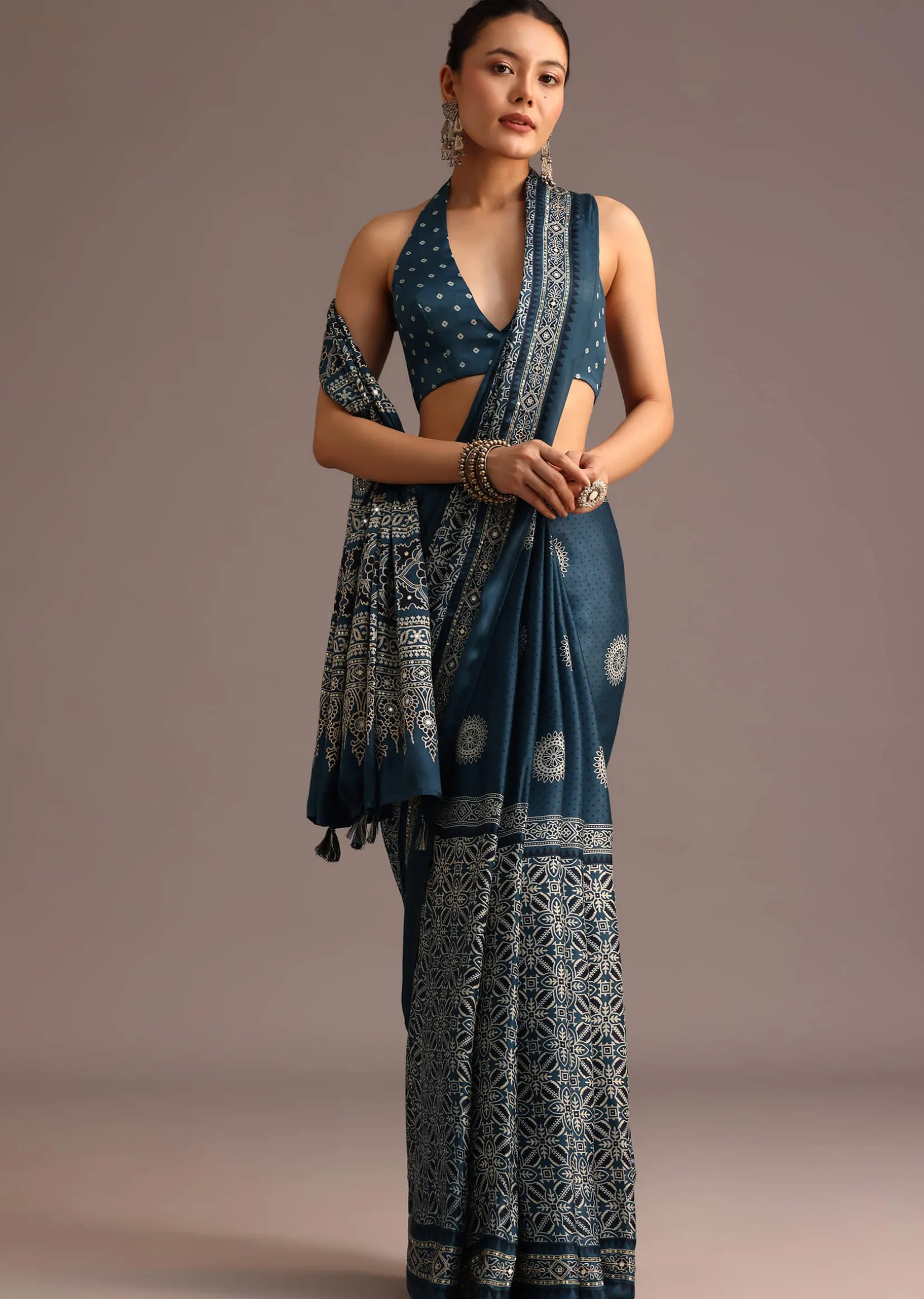 Indigo Satin Saree With Ajrakh Print And Unstitched Blouse