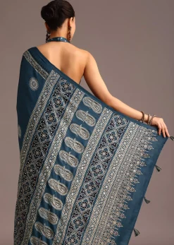 Indigo Satin Saree With Ajrakh Print And Unstitched Blouse